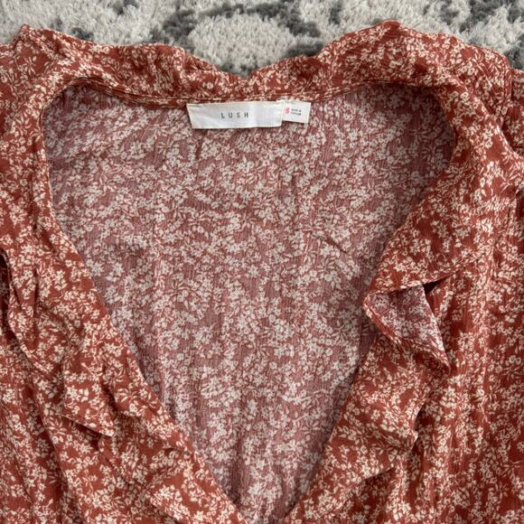 Lush Rust Floral V-Neck Ruffle Midi Dress Size Small - Picture 4 of 6